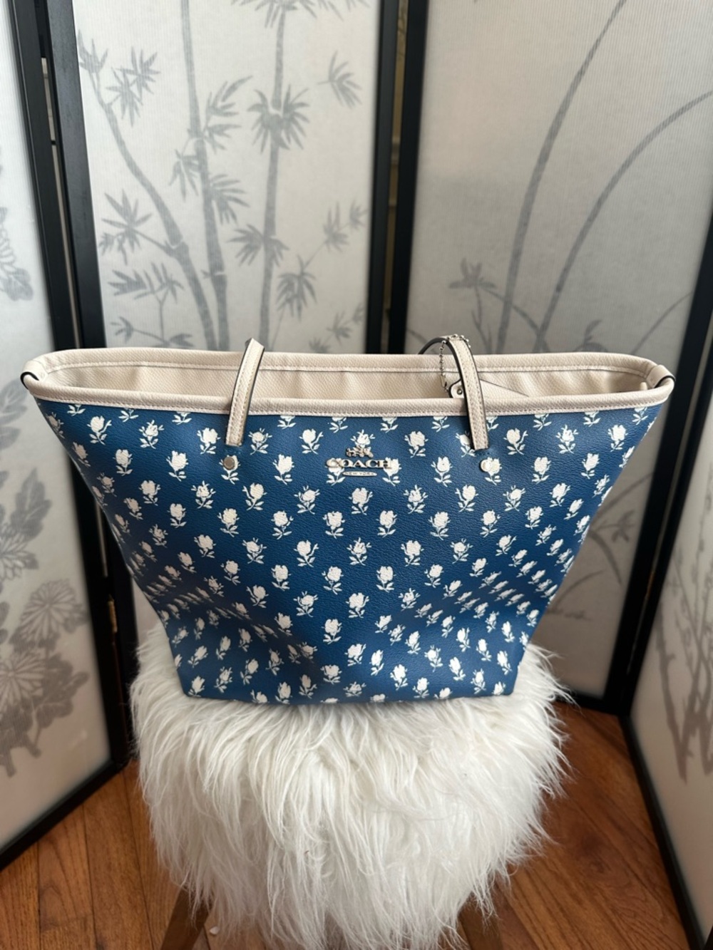 Coach Blue Floral Tote with Cream Trim